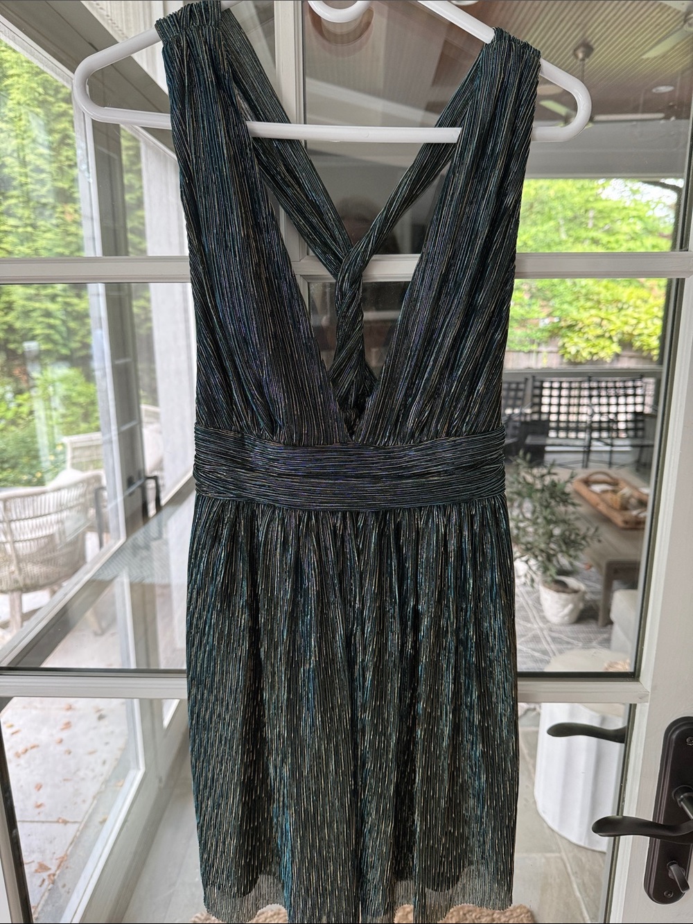 Lulu's Shimmering Teal and Black Twist-Back Party Dress